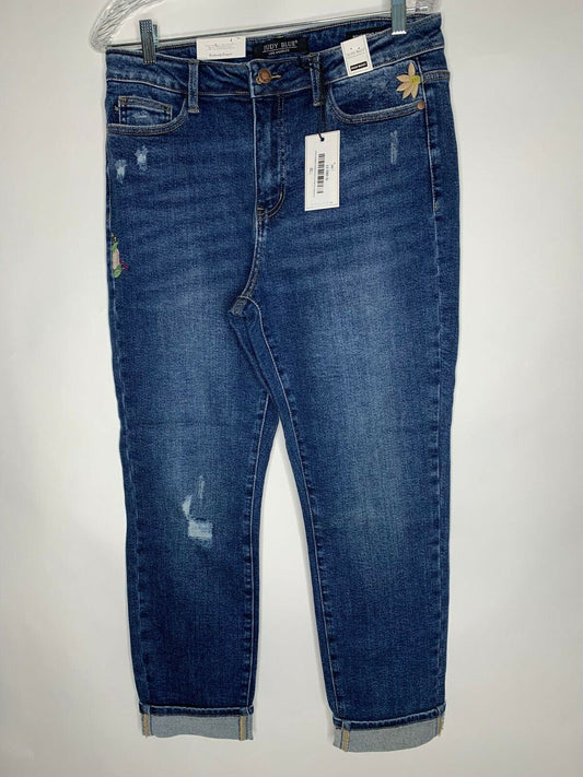 Judy Blue Womens Dark Wash Floral Embroidered Boyfriend Jeans High Rise