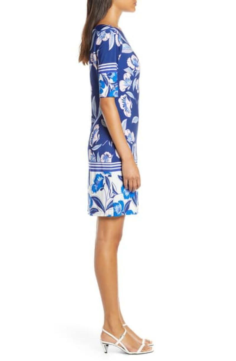 Eliza J 8P Blue Pink Floral Tropical Print Elbow Sleeve Shift Dress