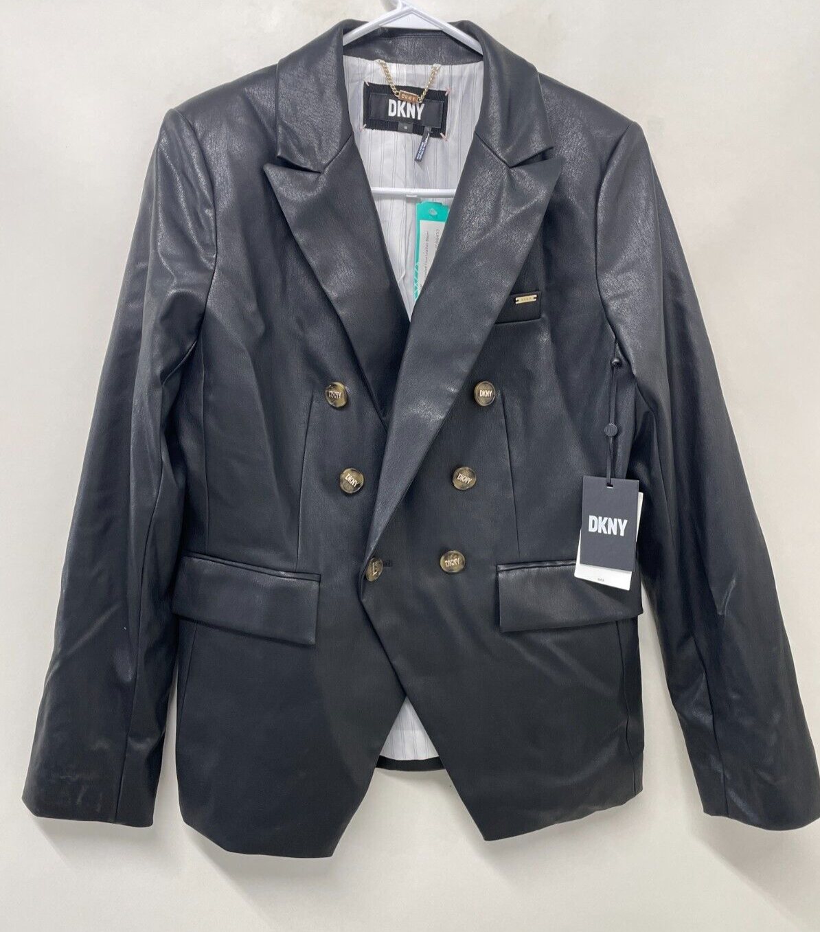 DKNY Womens 10 Double-Breasted Faux Leather Blazer Black Notch Lapel Jacket