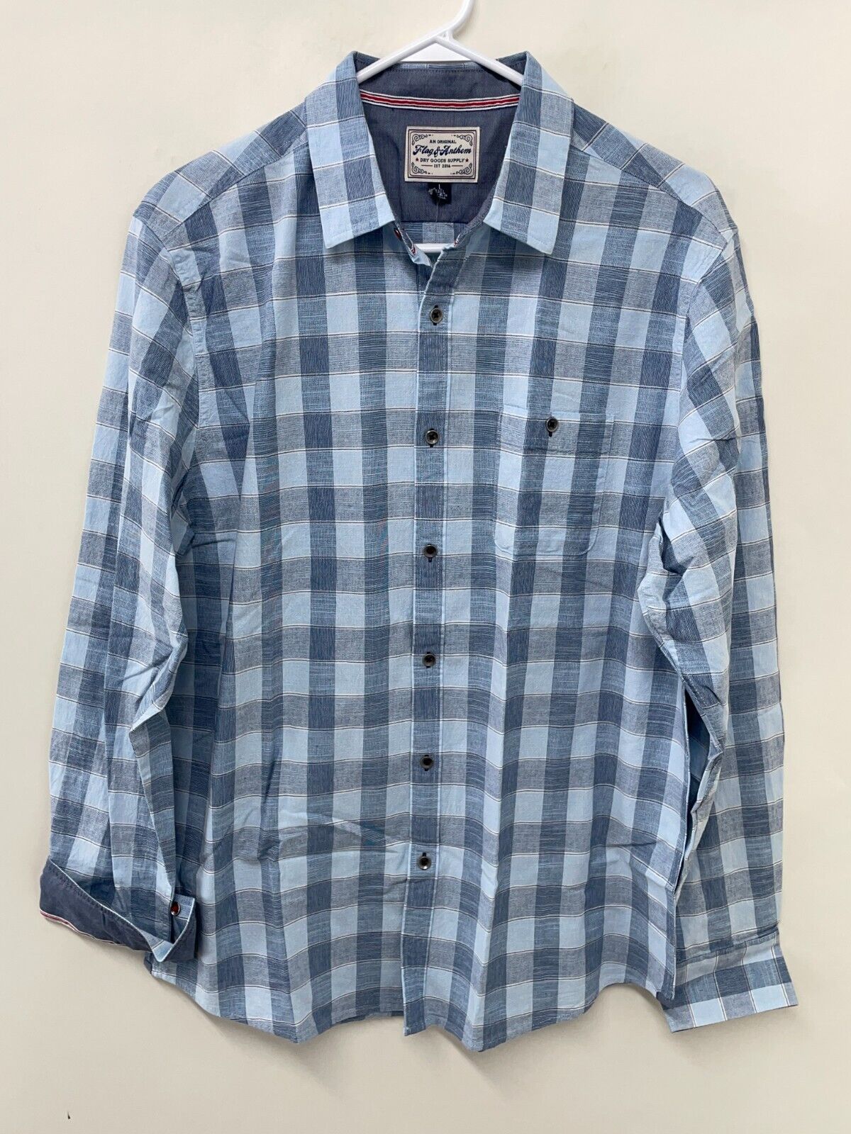 Flag & Anthem Mens L Tall Brewster Slub Button Up Shirt Blue Plaid Long Sleeve