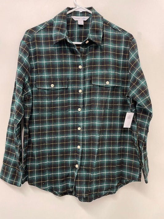 Old Navy Womens S Plaid Flannel The Boyfriend Tunic Shirt Button Down Green