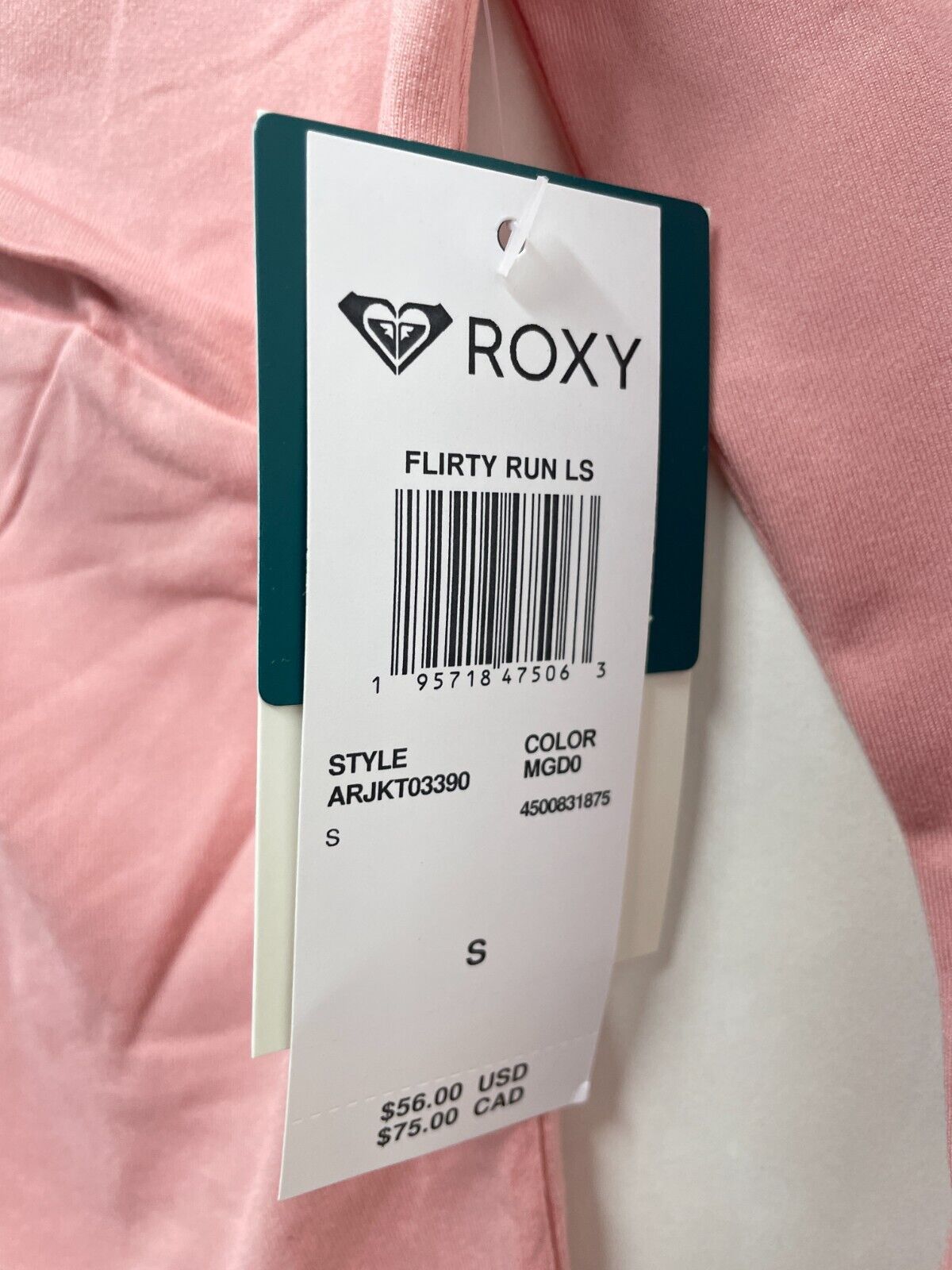 ROXY Women's S Flirty Run Ruched Long Sleeve Sports Top Mellow Rose Pink NWT