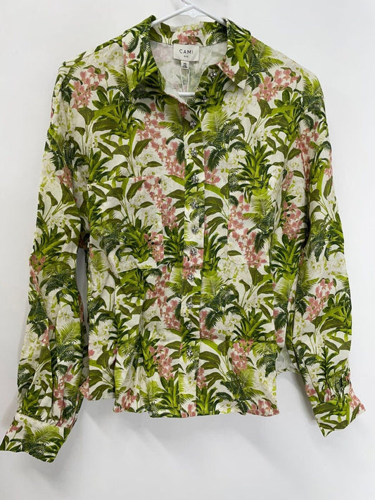 Cami NYC Women XS Belkis Top Button Up Linen Shirt Floral Hawaiian Tropics Green