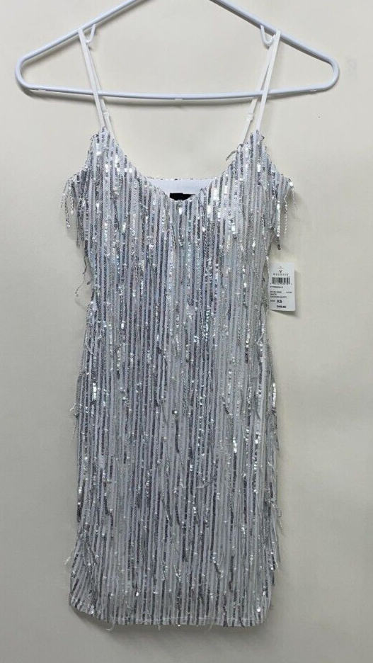 Windsor Womens XS Sparkle Soiree Sequin Fringe Mini Dress White 05103-5008