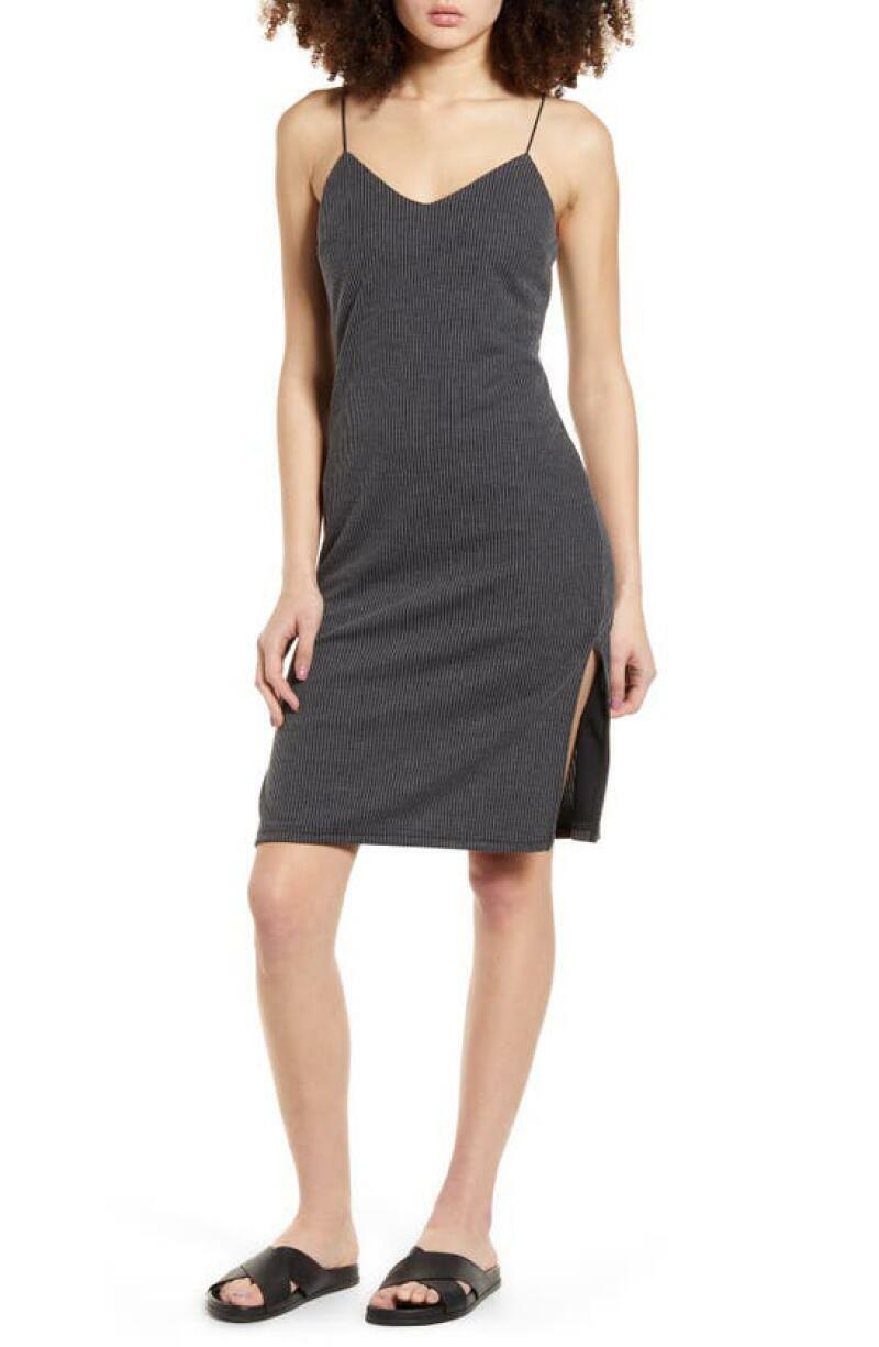 Lira Womens M Gray Black Otis Rib Knit Tank Dress Sleeveless Spaghetti Strap