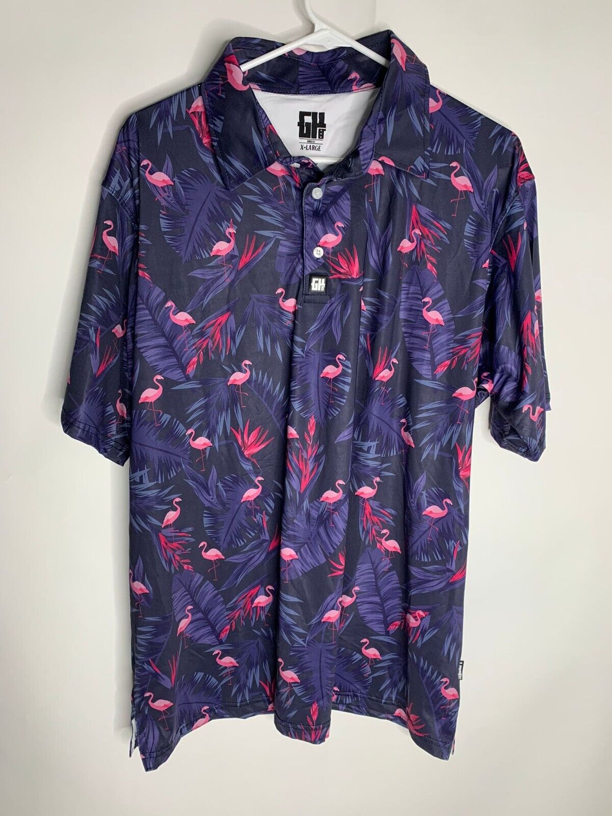 Greater Half Mens XL Navy Blue Flamingo Print Golf Polo Performance Fit