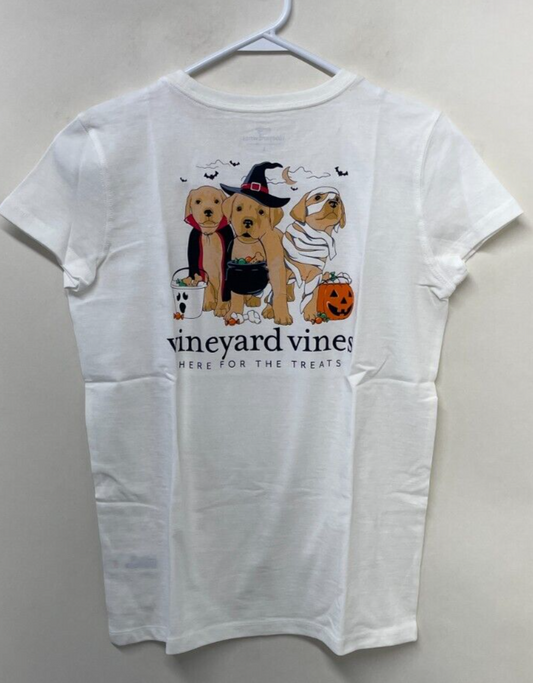 Vineyard Vines Girls L Halloween Puppies Short-Sleeve Pocket Tee White T Shirt