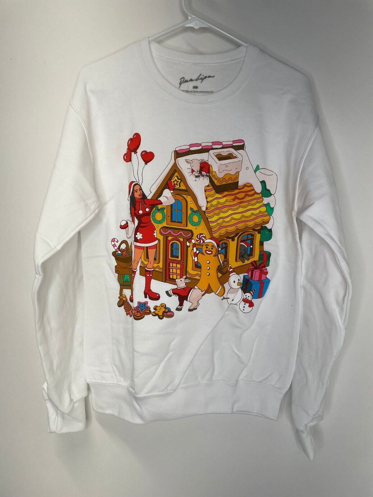 Dua Lipa Adult S White Gingerbread House & Friends Crewneck Sweatshirt Christmas