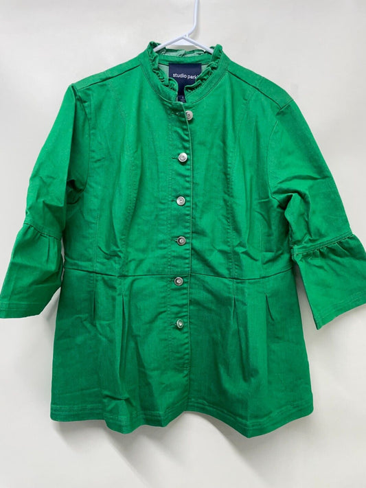 Studio Park x Jane Treacy Women's L Denim Jacket Kelly Green Ruffle Peplum QVC
