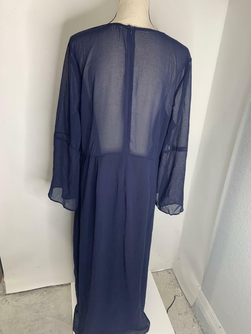 Standards & Practices Womens 1X Navy Norah Maxi Dress Chiffon Bell Sleeve Sheer