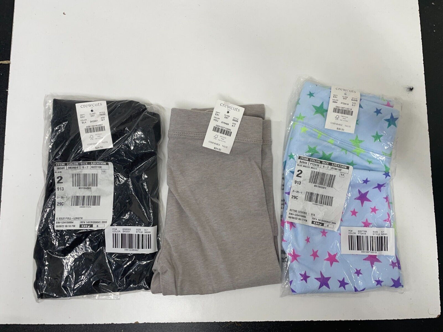 Lot of 3 Crewcuts Kids Girls 6/7 Leggings Black Gray Light Blue Ankle Length