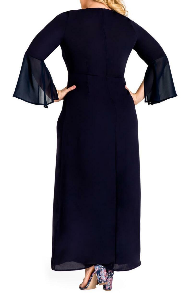 Standards & Practices Womens 1X Navy Norah Maxi Dress Chiffon Bell Sleeve Sheer