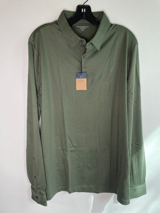 Charles Tyrwhitt Mens L Olive Green Plain Long Sleeve Smart Jersey Polo Shirt