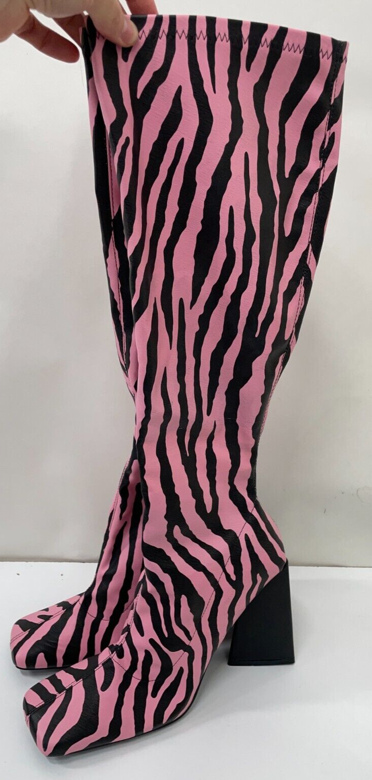 Public Desire Womens 9 Paris Artiste Zebra Print Peggy Heeled Knee Boots Pink