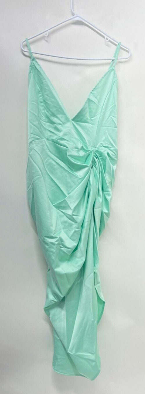 PrettyLittleThing Womens 12 Satin Draped Plunging Neckline Midi Dress Mint Green