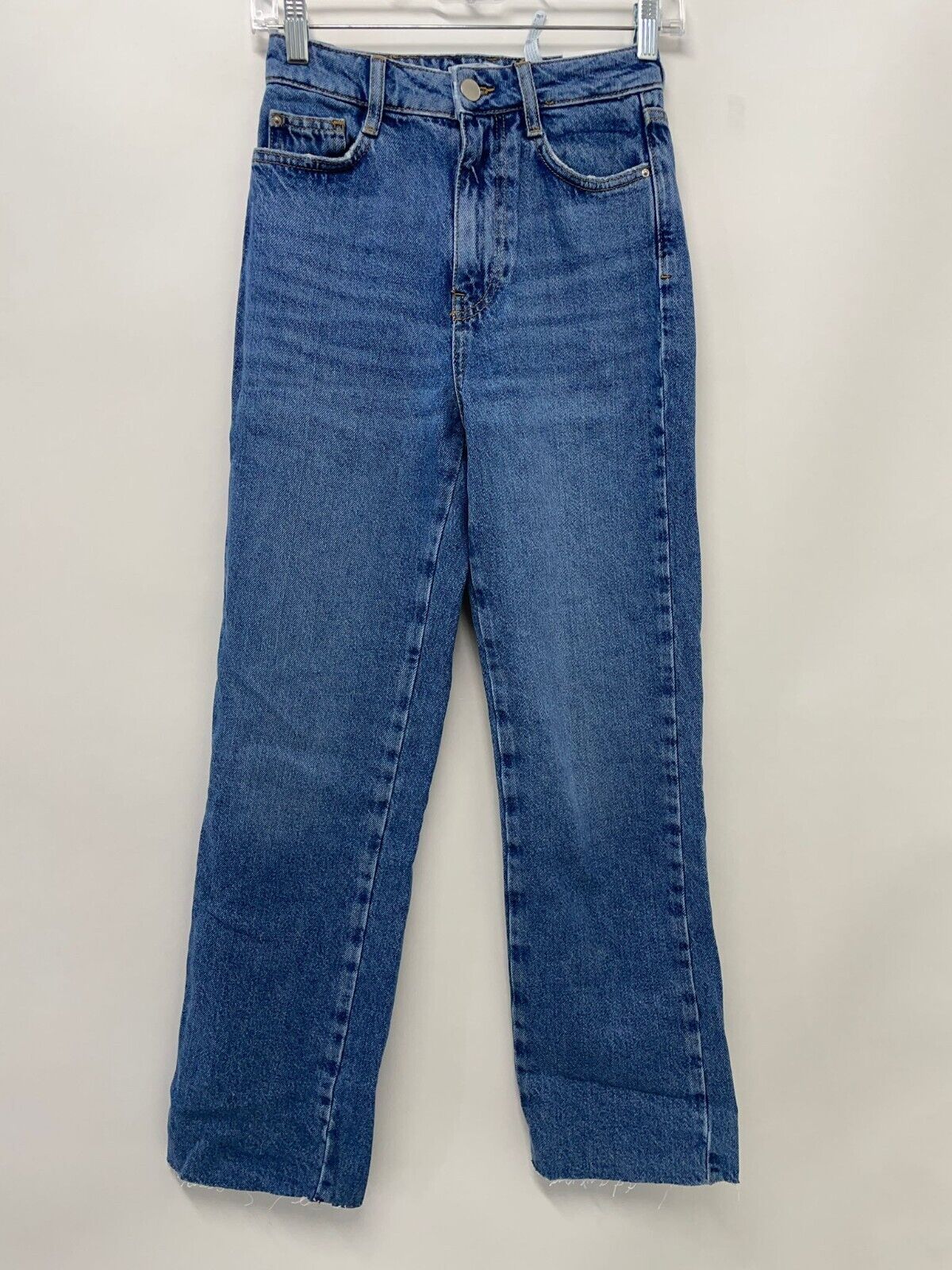 Zara Women 0 High Rise Straight Fray Hem Ankle Jeans Z1975 Mid Blue 6164/172/407