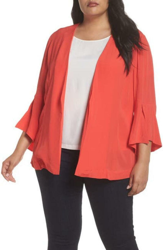 Sejour Womens 1X Red Hibiscus Ruffle Sleeve Soft Crepe Jacket Bell Open Front