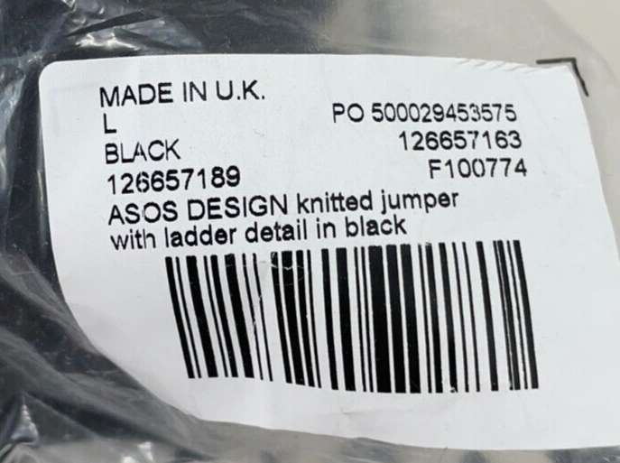 ASOS Design Mens L Knitted Jumper W/ Ladder Detail Sweater Black 126657163