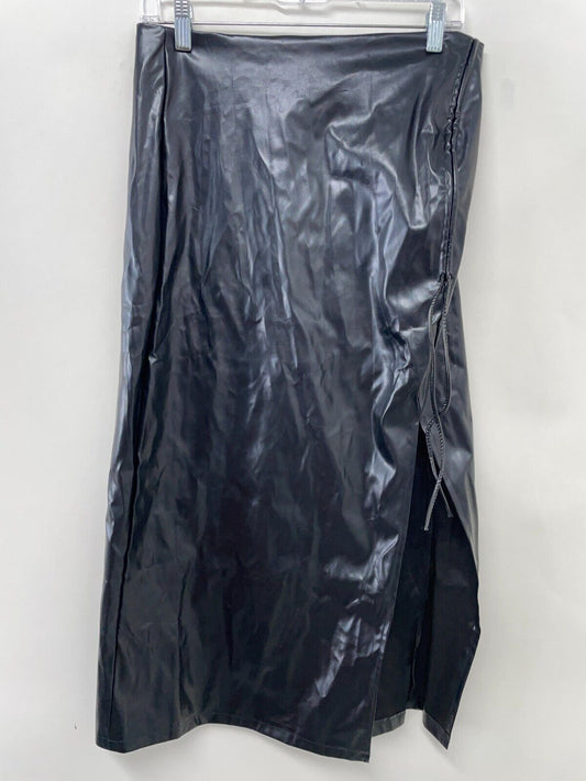 Commense Womens M Faux Leather Midi Skirt Black High-Waist Drawstring Side Slit