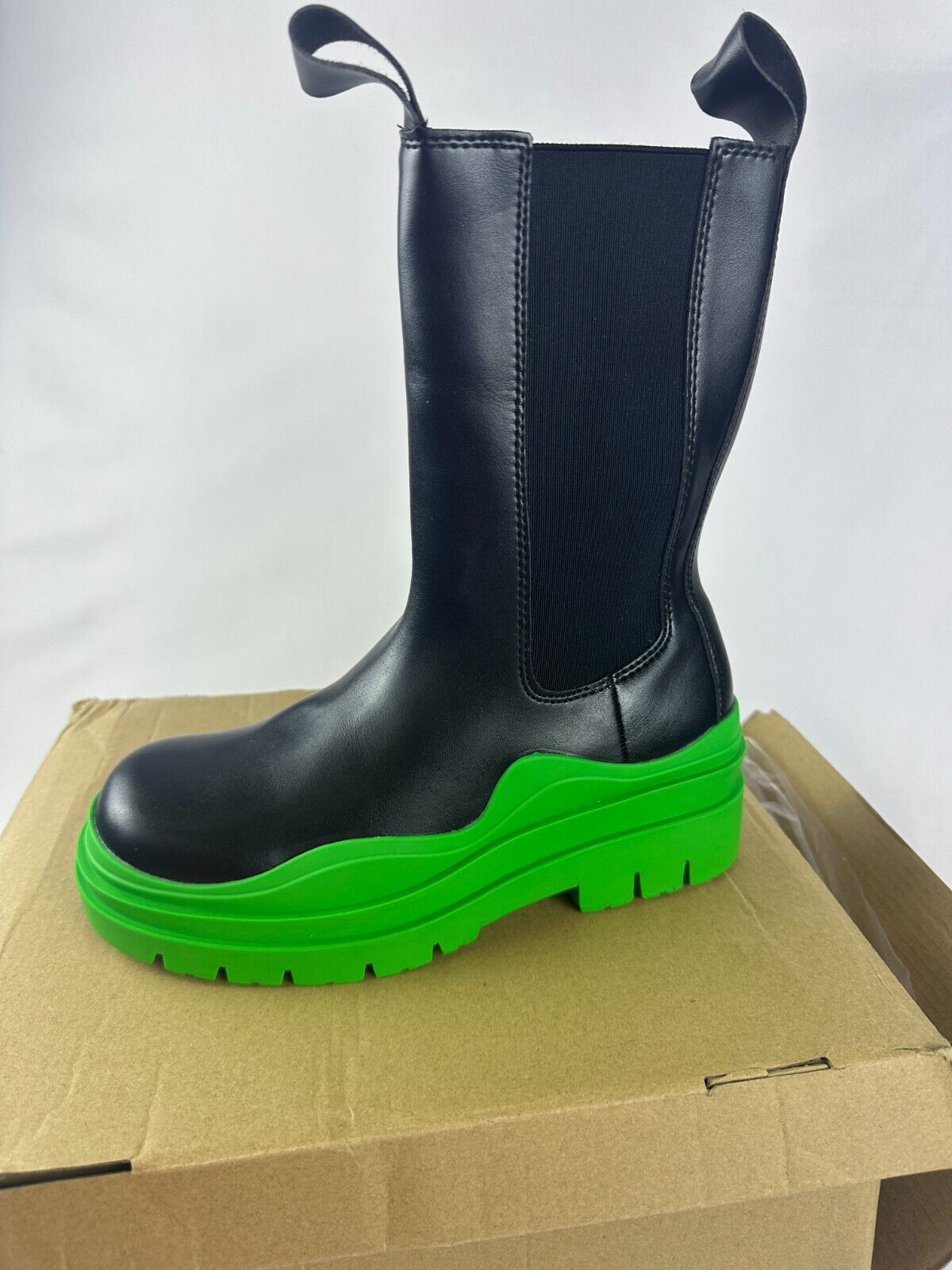 Vertundy Womens 6 Mid Calf Rain Boot Black Green Leather Waterproof 1122