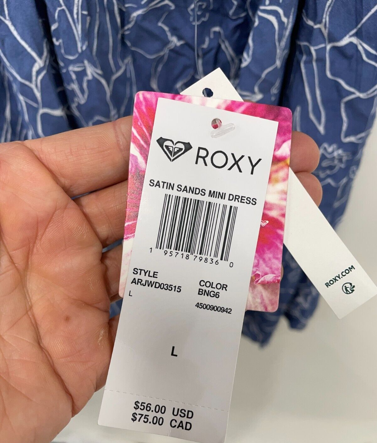 ROXY Women's L Satin Sands Mini Dress Bijou Bue Linear Floral Puff Sleeves NWT