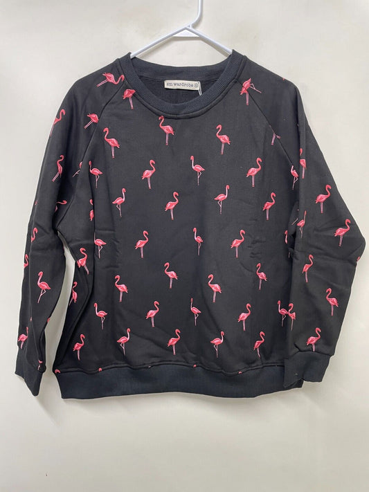 SM Wardrobe Womens XL Flamingo All-Over Print Sweatshirt Black Crewneck SW-85