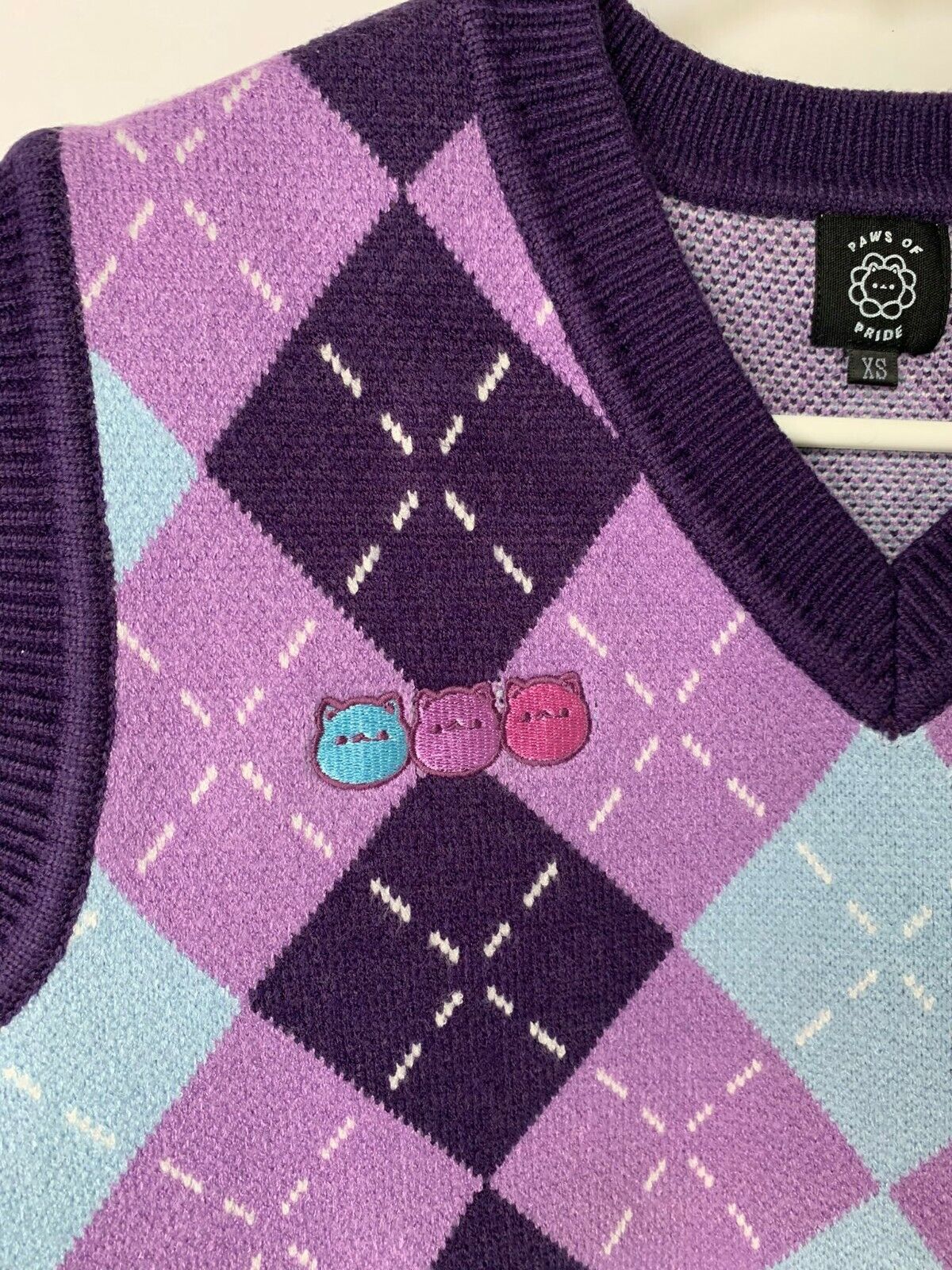 Paws of Pride Womens XS Purple Blue Obsidian Crop Sweater Vest Argyle Embroidery