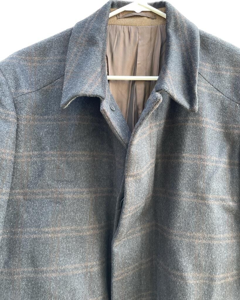 Hart Schaffner & Marx Men 44R Charcoal Gray Windowpane Overcoat Top Coat Hanover