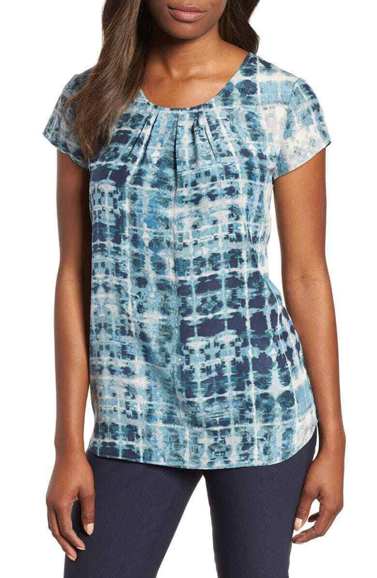 Nic + Zoe Womens XS Blue Looking Glass Top Pleated Short Sleeve Blouse Silk