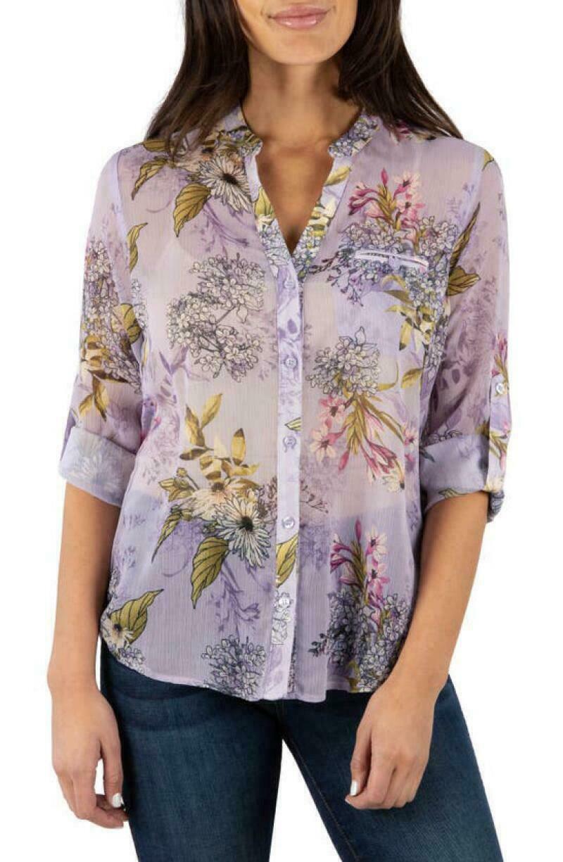 Kut from the Kloth Womens Jasmine Button Down Sheer Top Blouse Shirt Floral