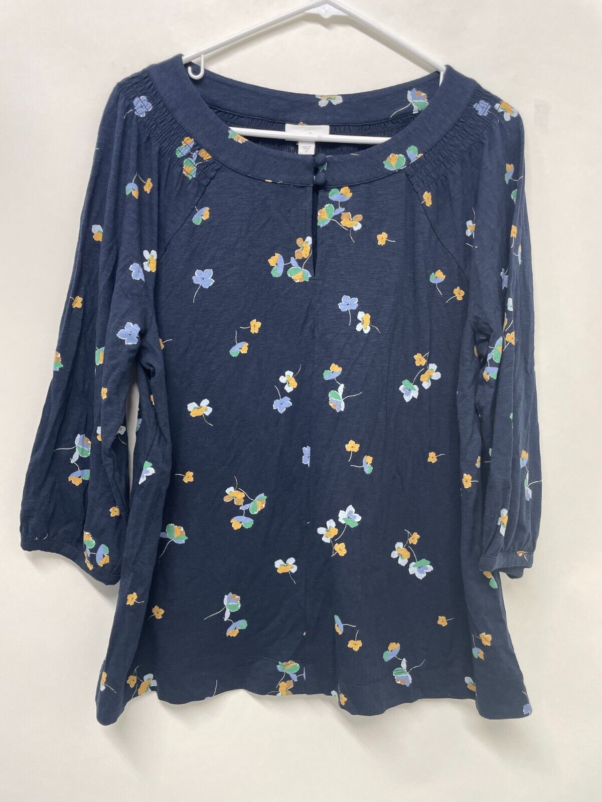 J. Jill Womens M Printed Knit Peasant Top Navy Blue Playful Poppies Boho 226151