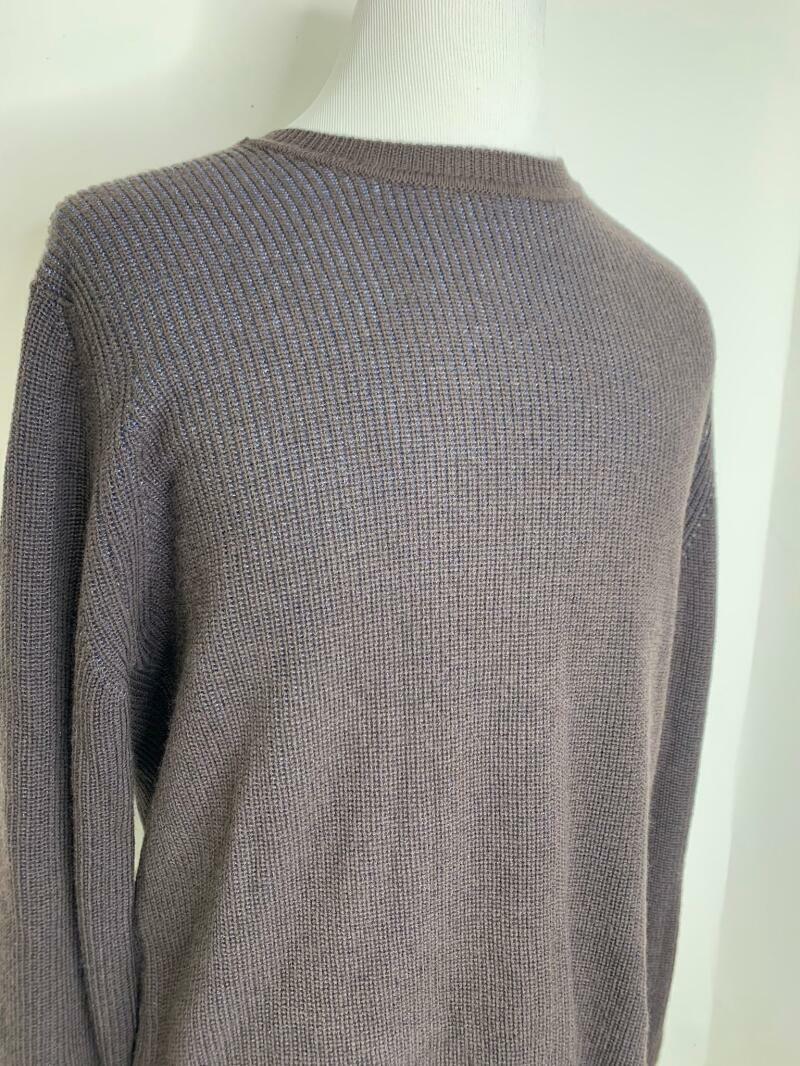 Canali Mens 56 Brown Navy Ribbed Merino Wool and Cotton Crewneck Sweater Italy