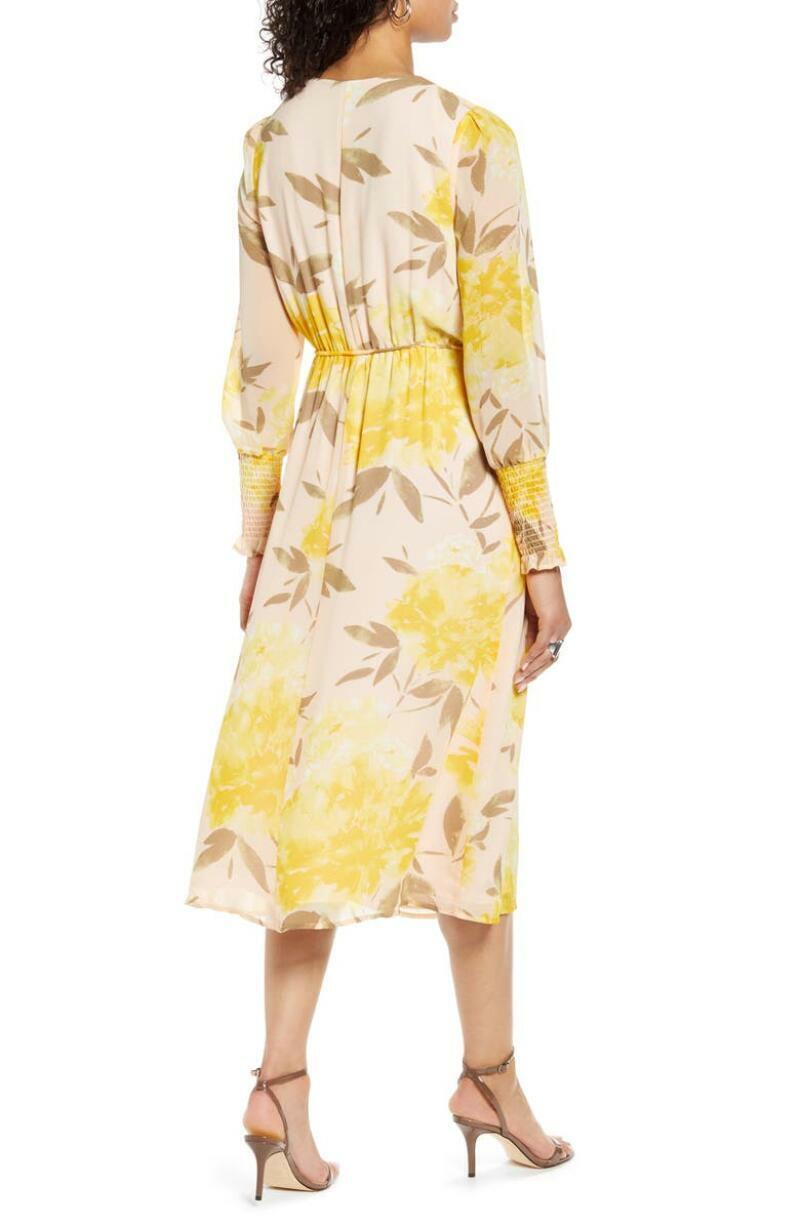 Halogen Women XS Pink Peach Floral Yellow Print Long Sleeve Faux Wrap Midi Dress