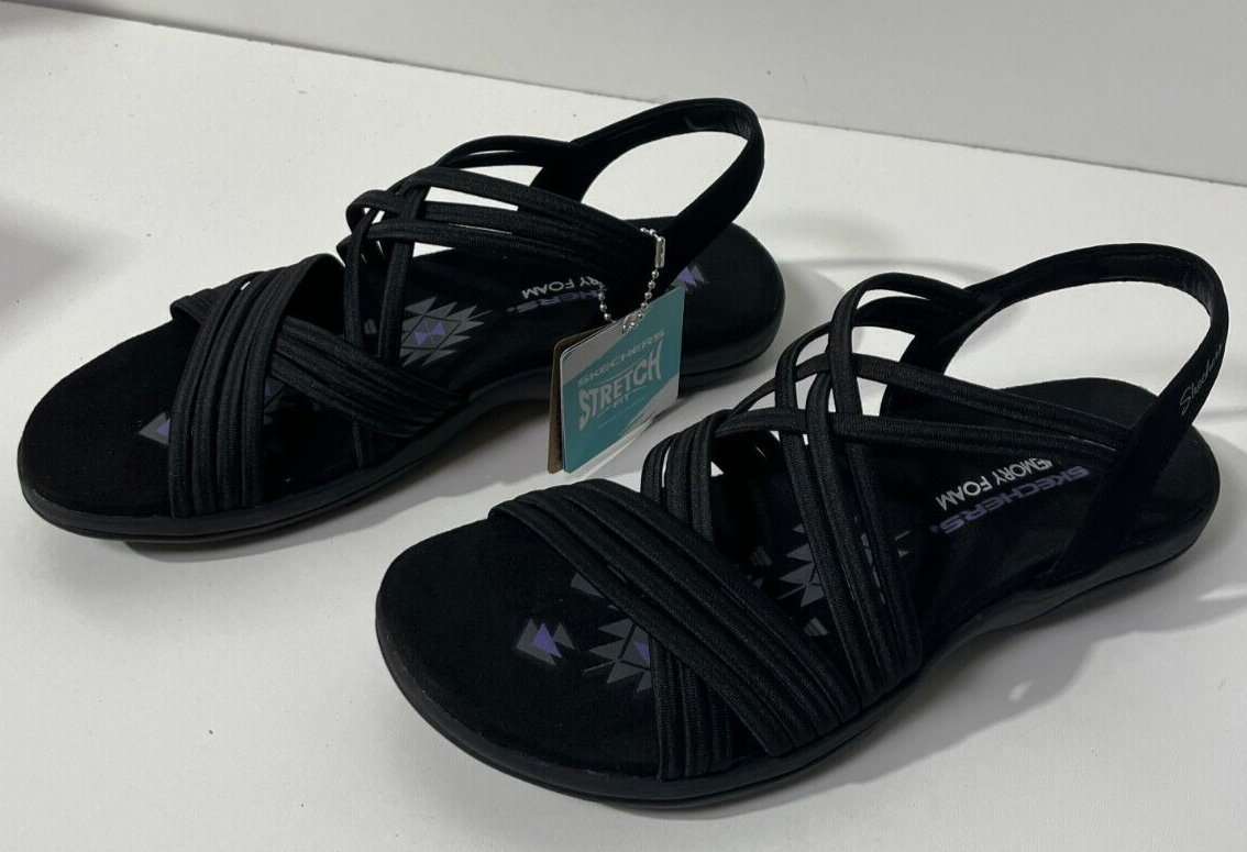 Skechers Womens 7 Stretch Fit Reggae Slim Sunnyside Strappy Sandals Black 163185