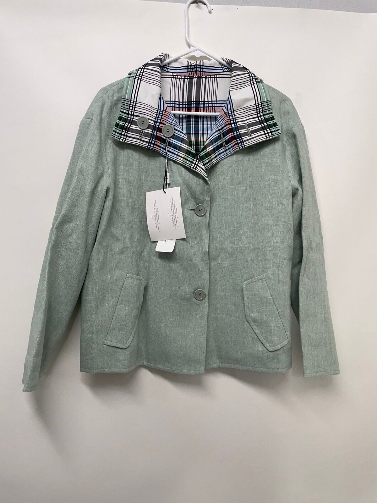 Akris Punto Womens 8 Reversible Linen Jacket Mint Green Plaid Blazer