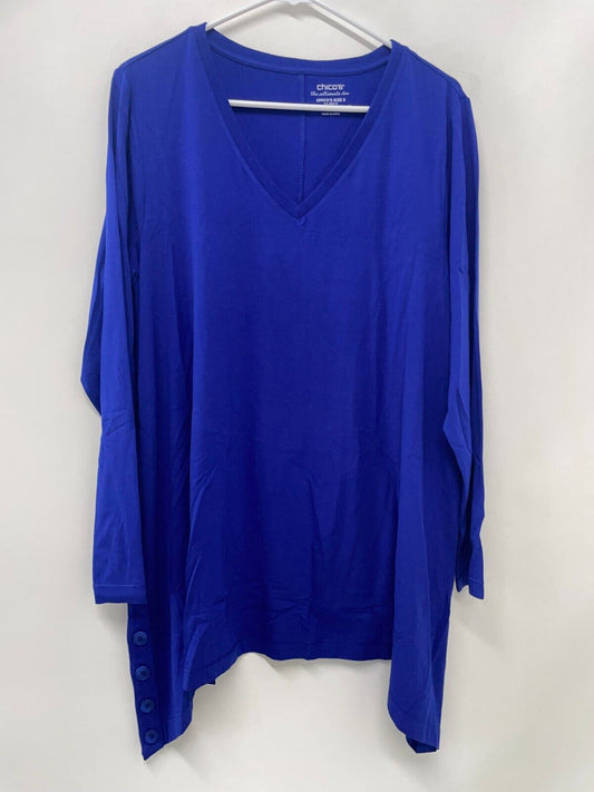 Chicos Women 3 Touch of Cool Side Button Tunic Seafaring Blue V-Neck T Shirt Top