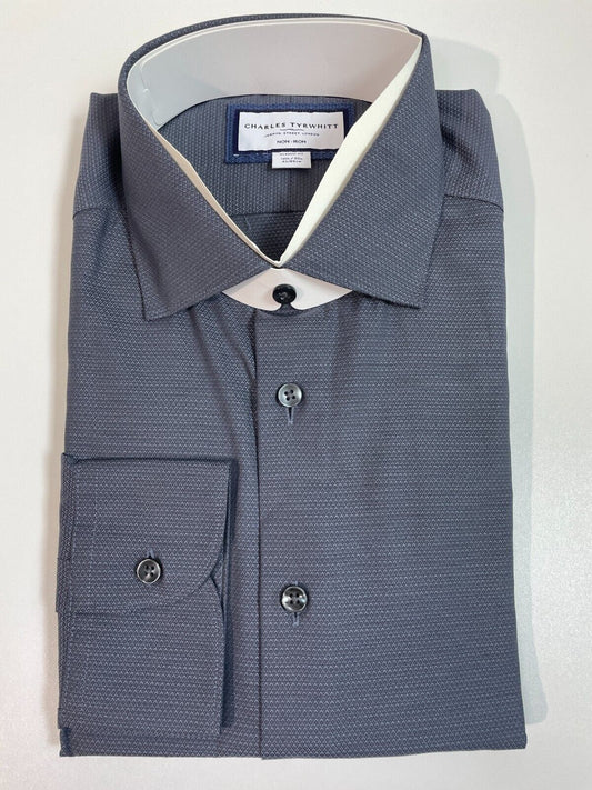 Charles Tyrwhitt Mens 16.5/35 Non-Iron Diamond Stretch Texture Dress Shirt Gray
