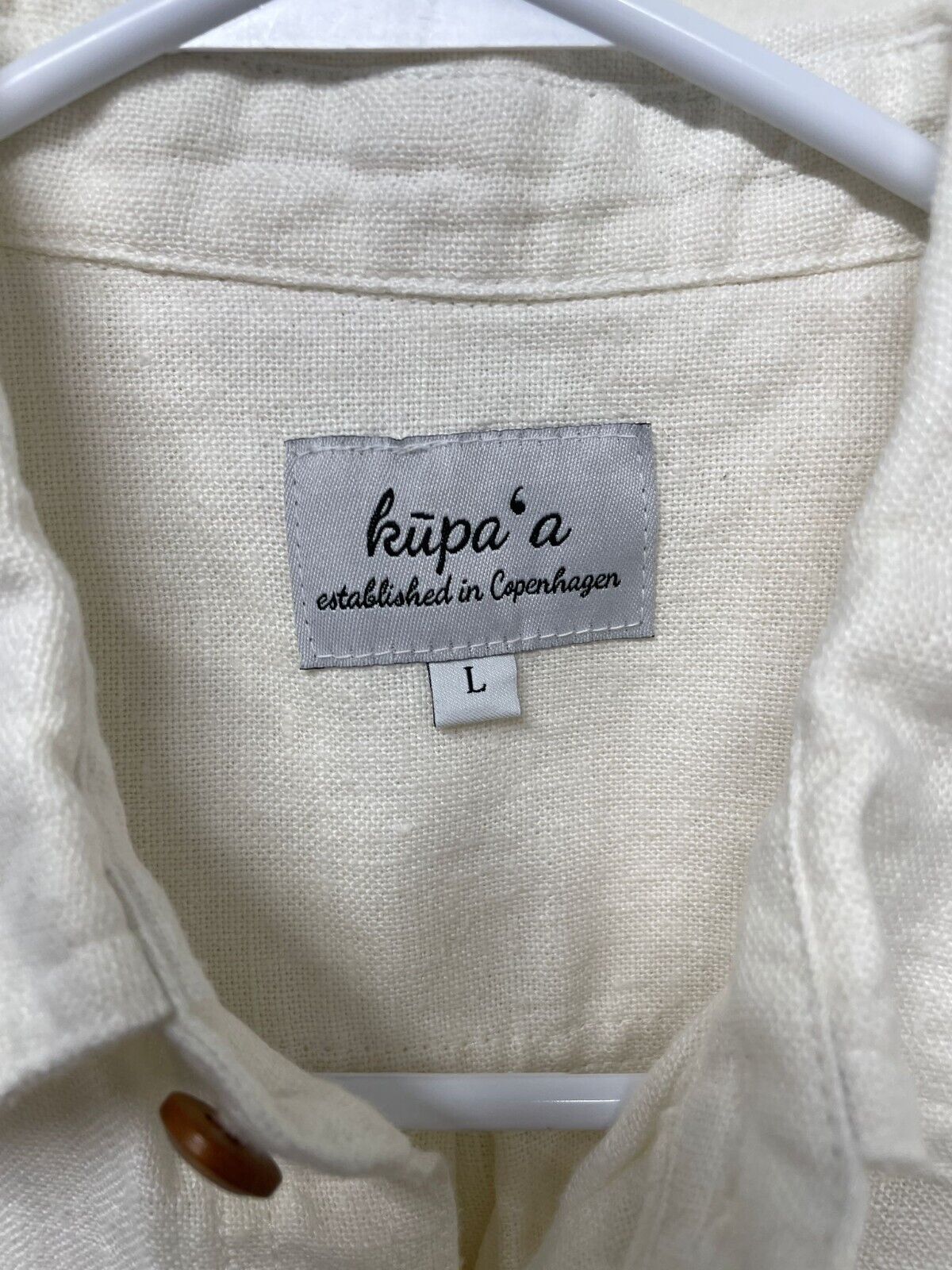 Kupa'a Copenhagen Mens L Button Down Camp Hemp Shirt White Long Sleeve Hawaii