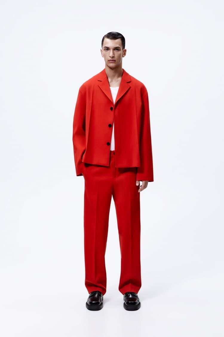Zara Mens L Button Down Blazer Jacket Red Notch Lapel 6364/181 Sport Coat
