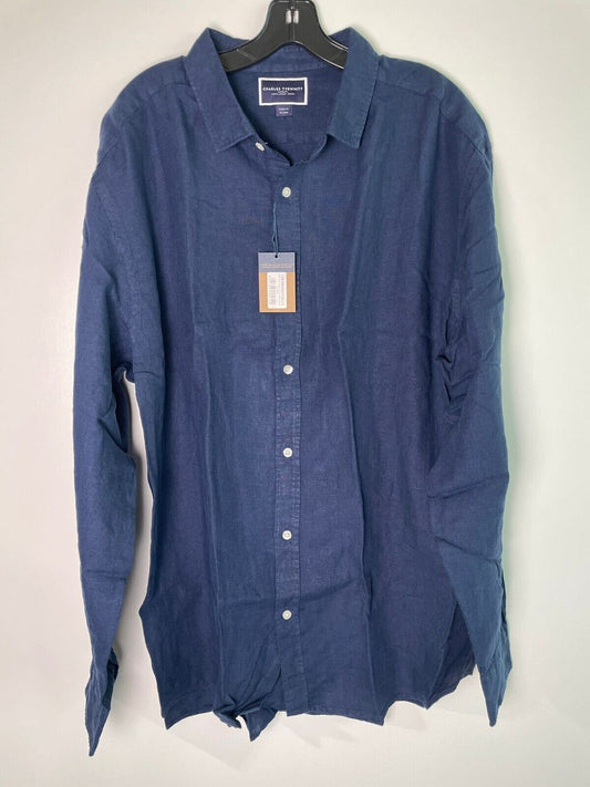 Charles Tyrwhitt Mens XXL Classic Fit Pure Linen Shirt Navy Blue Button Down
