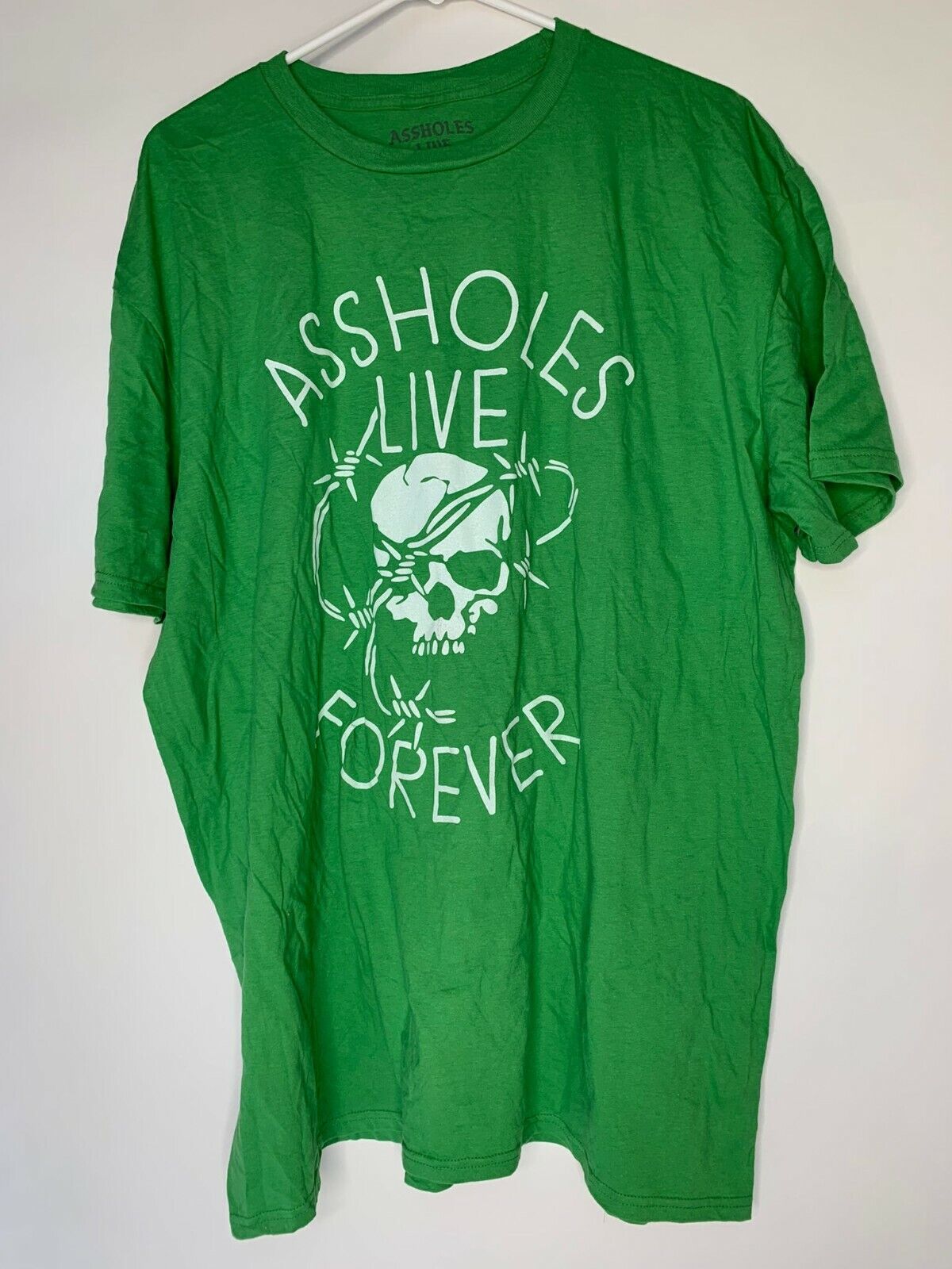 A**holes Live Forever Mens XXL Green Skull & Barb Wire T Shirt Linda Finegold