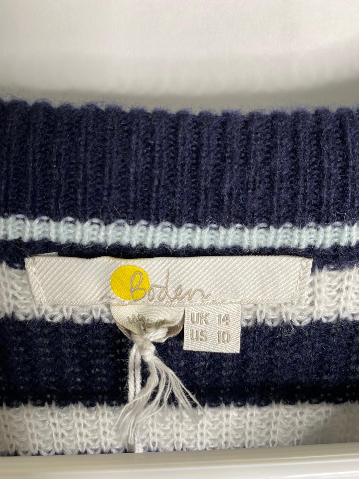Boden Womens 10 Navy White K0486 Catherine Woven Fluffy Sweater Striped Broderie