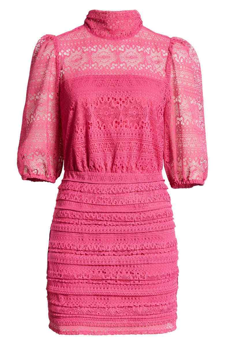 Saylor Womens Very Berry Pink Tie Neck Elenora Lace Mini Dress NWT