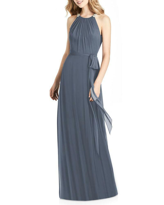 Jenny Packham Womens 2 Luxe Chiffon Halter Gown Beaded Shirred Dress Silverstone