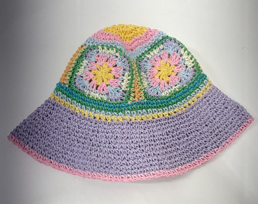 Asos Womens OS Crochet Straw Bucket Hat Floral In Pastel Pattern Purple Easter