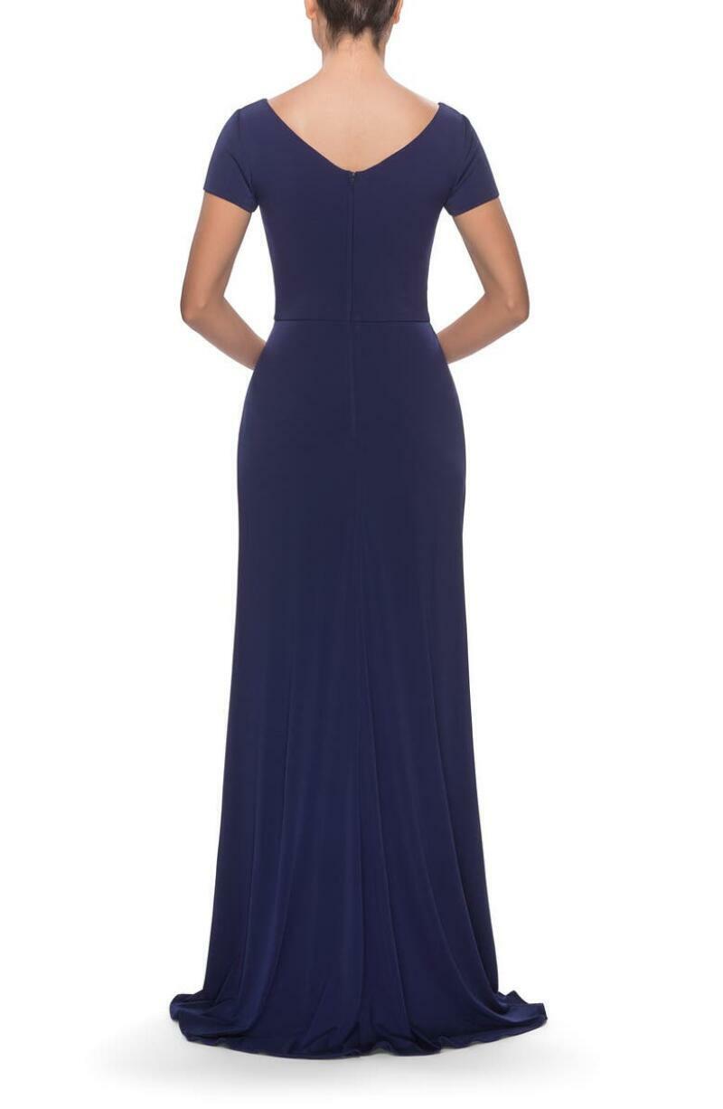 La Femme Womens 6 Navy Twist Front Knot Ruched Jersey Mother of Bride Gown 27872