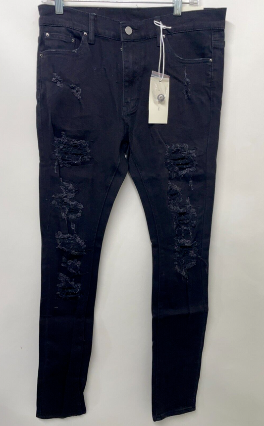 MNML Mens 33 X201 Rhinestone Stretch Denim Skinny Jean Black Extended Inseam NWT