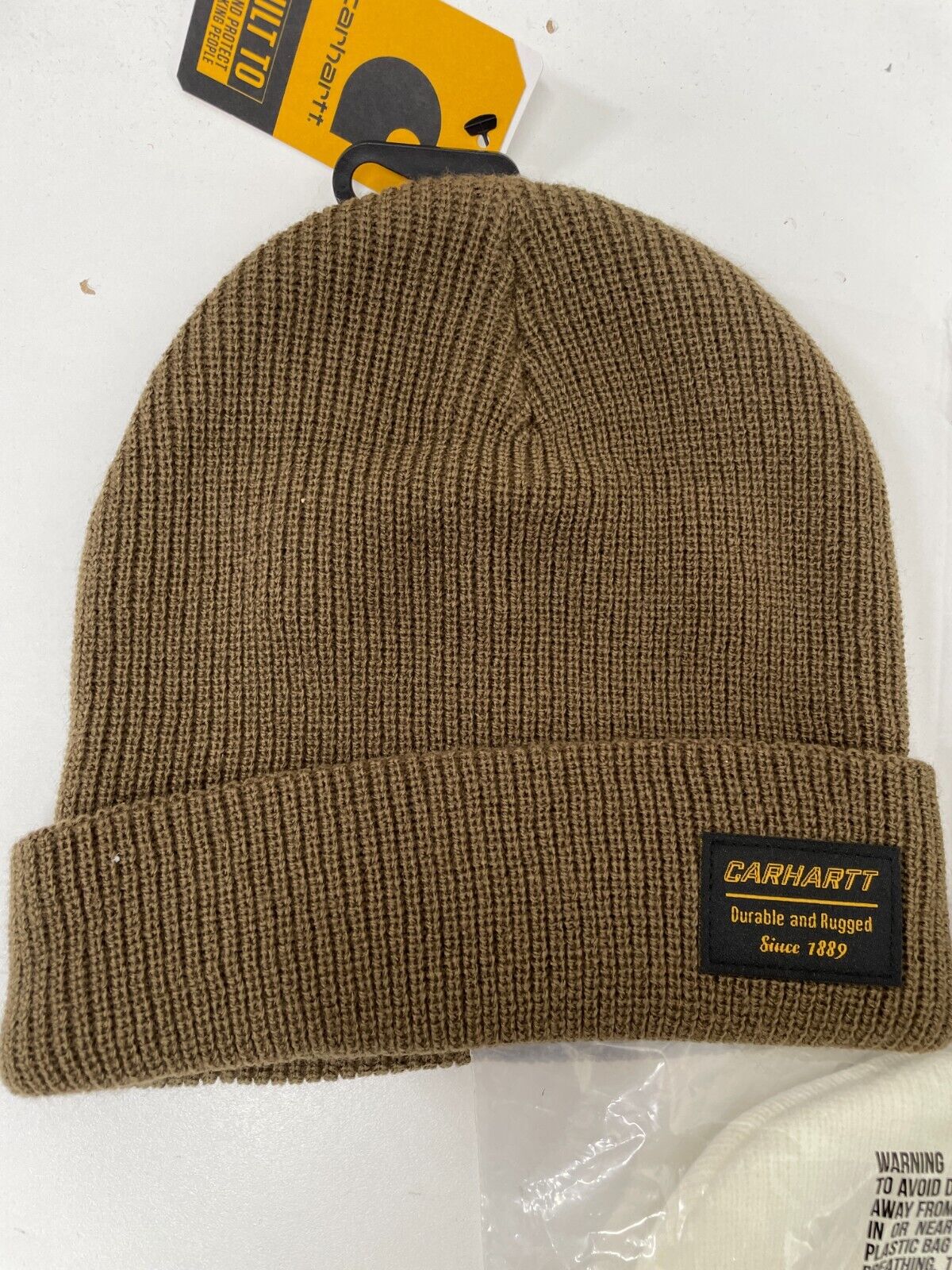 Carhartt Mens One Size Beanie Hat White Brown Black Ribbed Acrylic Knit Lot of 3