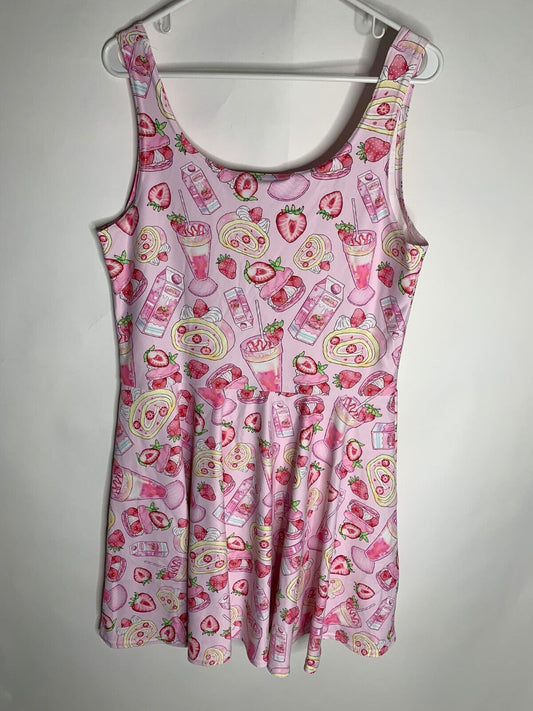 Koibito Womens XL Strawberry Milkshake Skater Dress Fit Flare Sleeveless Kawaii