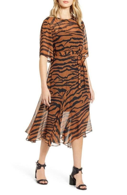 Allsaints Womens XS Brown Black Chiffon Belted Enki Zephyr Tiger Stripe Dress